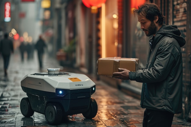 Free photo adult person interacting with futuristic delivery robot