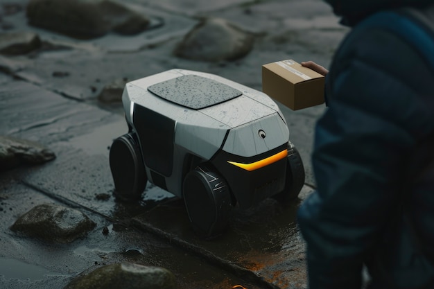 Adult person interacting with futuristic delivery robot