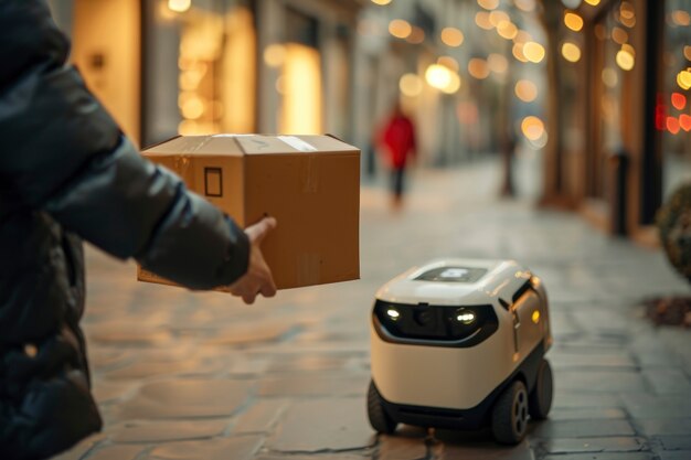 Adult person interacting with futuristic delivery robot