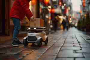 Free photo adult person interacting with futuristic delivery robot