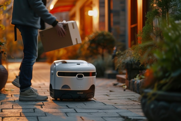 Adult person interacting with futuristic delivery robot