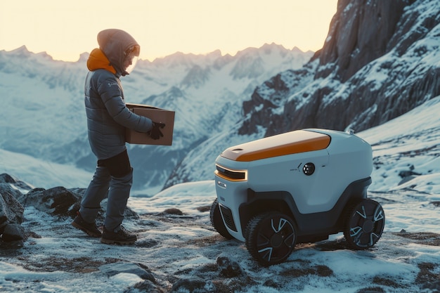 Adult person interacting with futuristic delivery robot