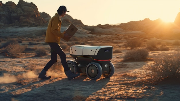 Adult person interacting with futuristic delivery robot