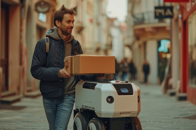 Free photo adult person interacting with futuristic delivery robot