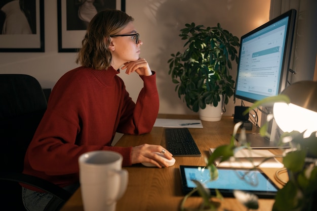 Adult person working at home late at night