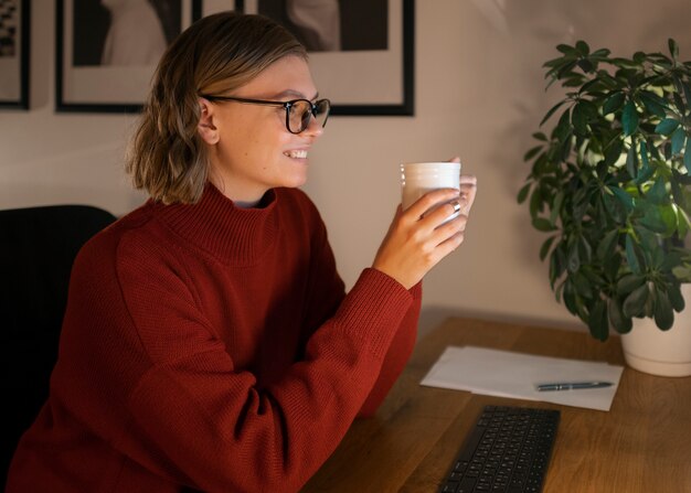 Adult person working late at night from home