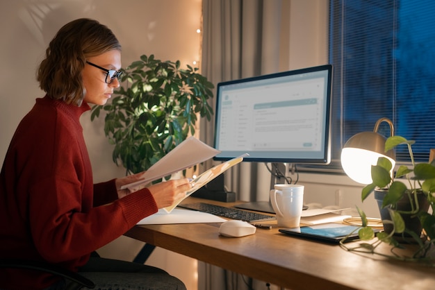 Adult person working late at night from home