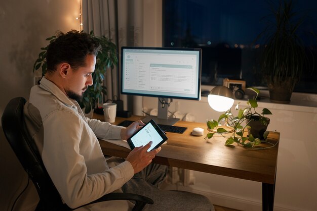Adult person working late at night from home