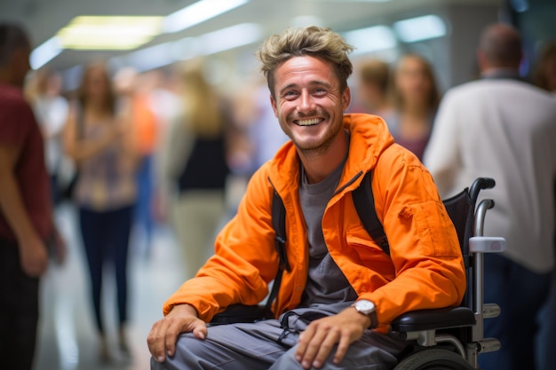 Free photo an adult smiling man with limited mobility sits in a wheelchair and checks in for a flight