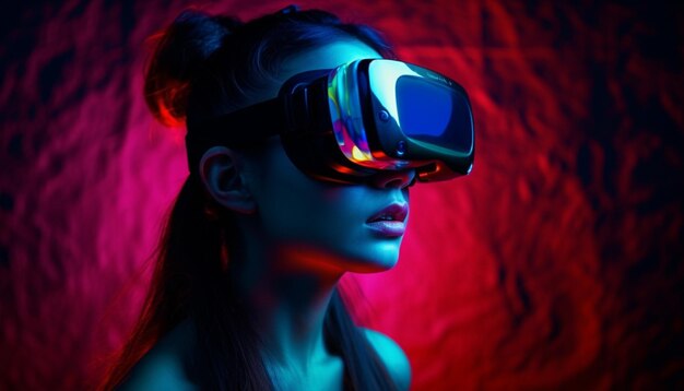 Adult woman wearing futuristic virtual reality headset generative AI