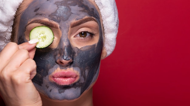 Adult woman with face mask on close-up