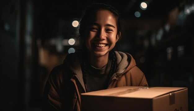 Adults smiling in the illuminated city night generated by AI