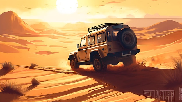 Бесплатное фото Приключенческий джип в пустыне иллюстрация