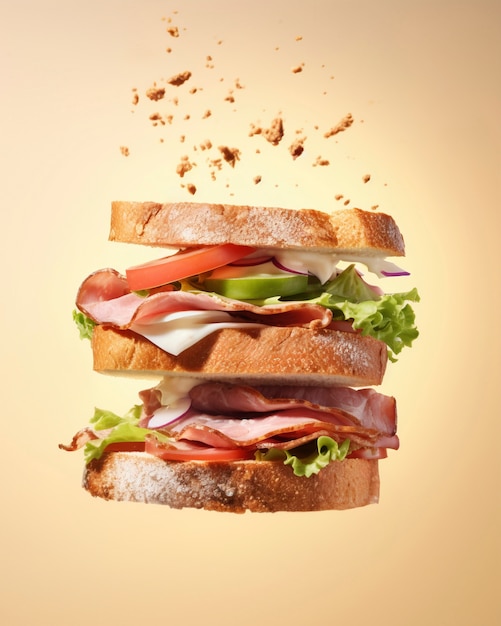 Foto gratuita pubblicità di alimenti con panino galleggiante