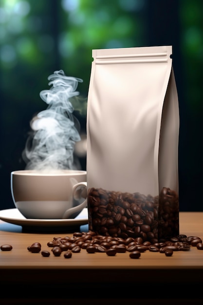 Бесплатное фото Реклама кофе с пакетом и обжаренными бобами