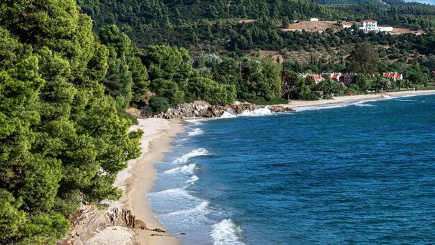 Aegean sea coast of Greece, rocky hills with growing trees and bushes, beach with waves, buildings located near the coast