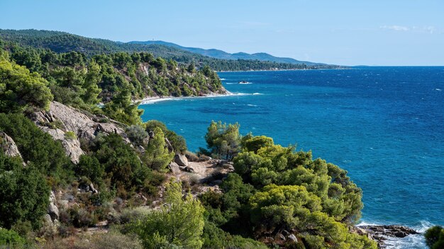 Aegean sea coast of Greece, rocky hills with growing trees and bushes, wide expanse of water