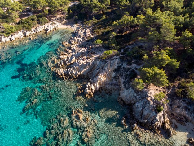Aegean sea coast with blue transparent water, greenery around, rocks, bushes and trees, view from the drone, Greece