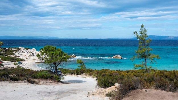 Побережье Эгейского моря с зеленью вокруг, скалами и кустами, голубая вода с волнами, Греция