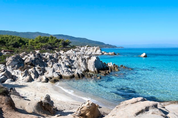 Побережье Эгейского моря с зеленью вокруг, скалы, кусты и деревья, голубая вода, Греция