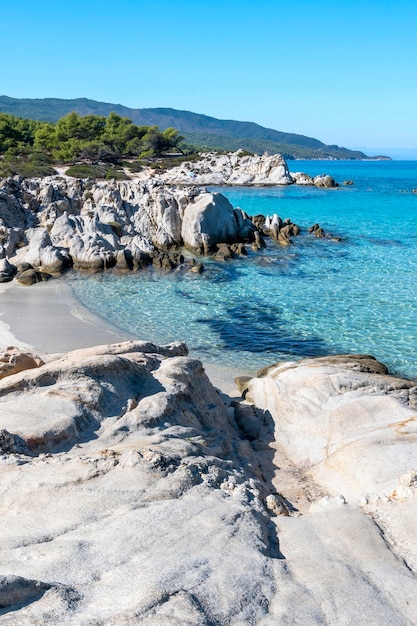 Побережье Эгейского моря с зеленью вокруг, скалы, кусты и деревья, голубая вода, Греция