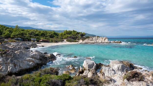 Aegean sea coast with greenery around, rocks, bushes and trees, blue water with waves, Greece