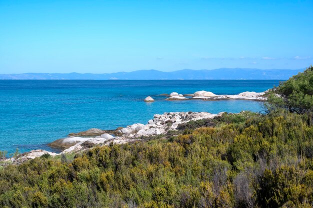 エーゲ海の海岸、水の上に岩があり、遠くに陸地、前景に緑、青い水、ギリシャ