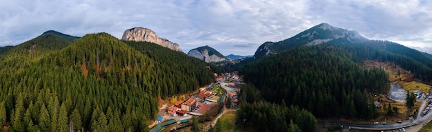 Aerial drone panoramic view of nature in romania carpathian mountains rocky hills