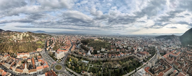 Aerial drone panoramic view of the old Brasov centre Romania