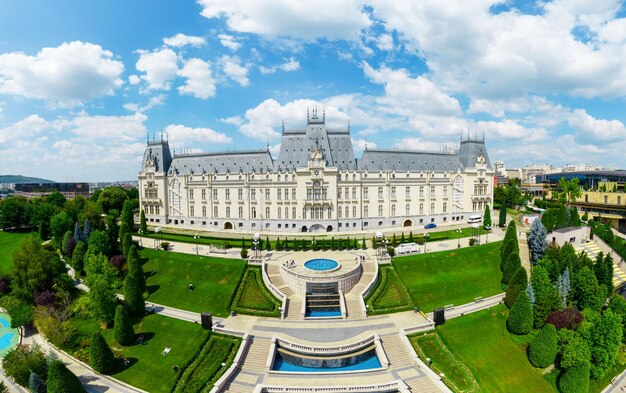 Aerial drone panoramic view of the Palace of Culture in Iasi Romania