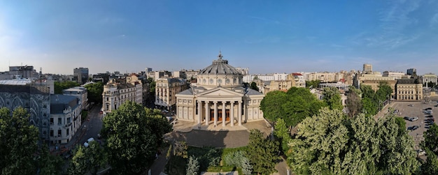 Aerial drone panoramic view of Romanian Athenaeum in Bucharest Romania