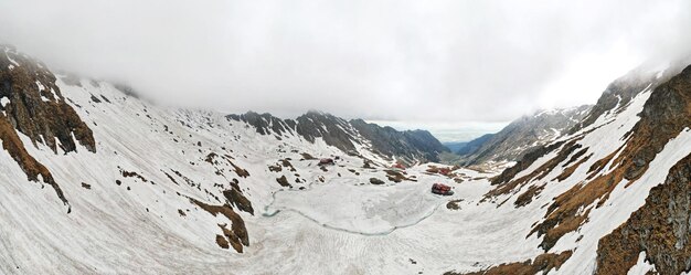 Aerial drone panoramic view of Transfagarasan route nature in Romania