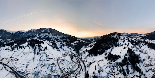 Aerial drone panoramic view of Viseu de Sus in winter Romania