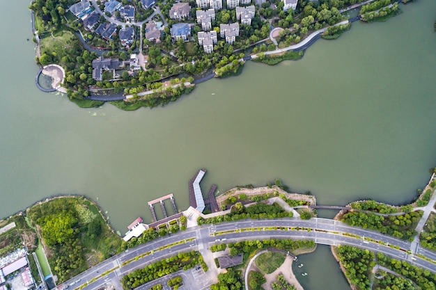 Aerial drone photo of dam in lake Marathona on a winter day, Marathonas, Attica, Greece