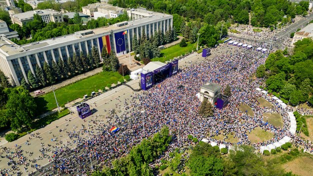 Aerial drone vertical view of the rally in support of the country's European integration
