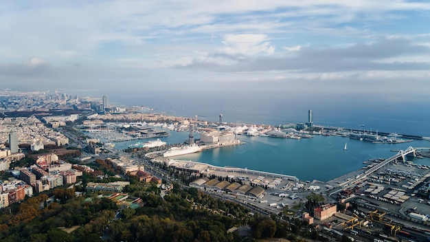 Aerial drone view of Barcelona Spain Multiple residential and office buildings a lot of greenery