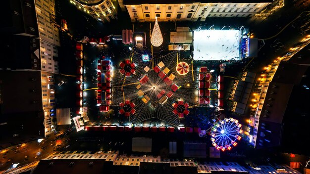 Aerial drone view of The Big Square decorated for Christmas in Sibiu Romania