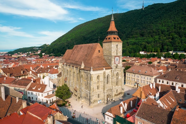 Aerial drone view of the The Black Church in old Brasov centre Romania