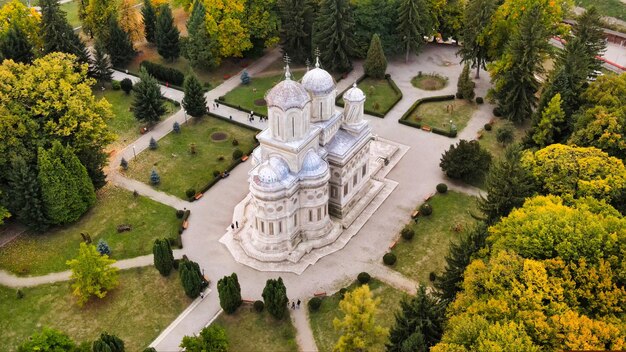Aerial drone view of The Cathedral of Curtea de Arges, Romania