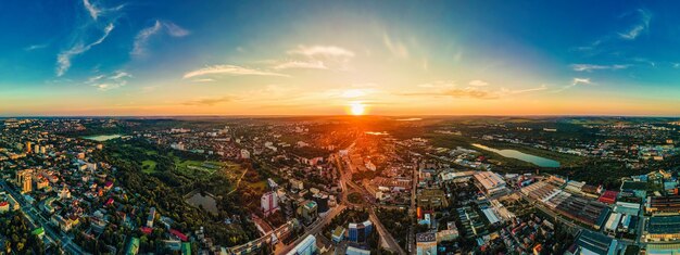 Aerial drone view of Chisinau downtown Panorama view of multiple buildings roads Parks