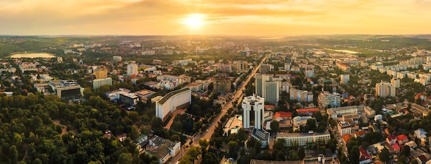 Aerial drone view of Chisinau downtown Panorama view of multiple buildings roads