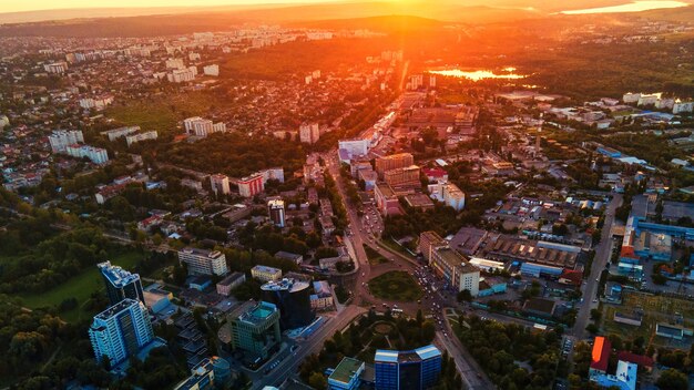 Aerial drone view of Chisinau downtown Panorama view of multiple buildings roads