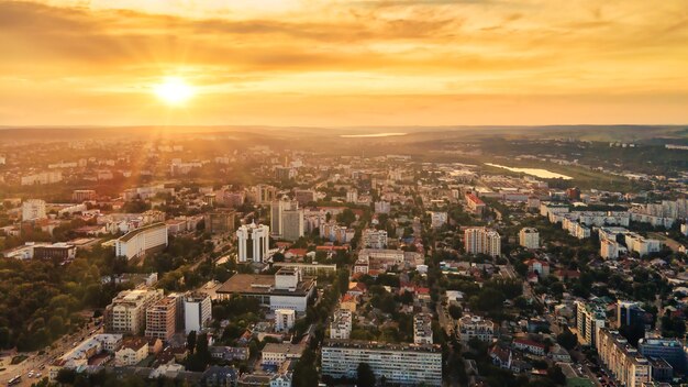 Aerial drone view of Chisinau downtown Panorama view of multiple buildings roads