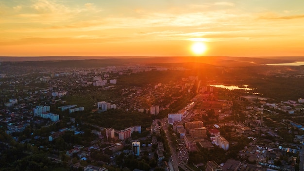 Aerial drone view of Chisinau downtown Panorama view of multiple buildings roads