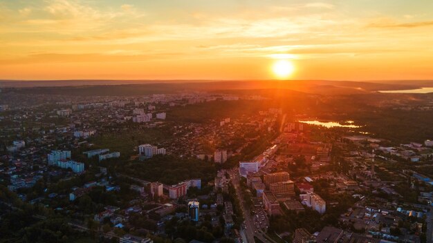 Aerial drone view of Chisinau downtown Panorama view of multiple buildings roads