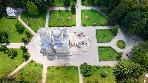 Aerial drone view of the Curtea de Arges Monastery in Romania
