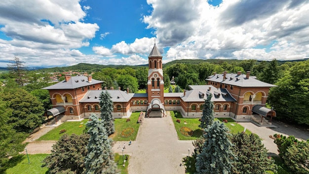 Aerial drone view of the Episcopal Church in Curtea de Arges Monastery in Romania