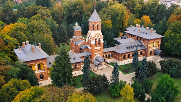 Aerial drone view of The Episcopal Church in Curtea de Arges, Romania