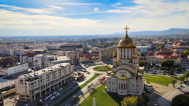 Aerial drone view of the Fagaras Romania Church of the Saint John the Baptist buildings
