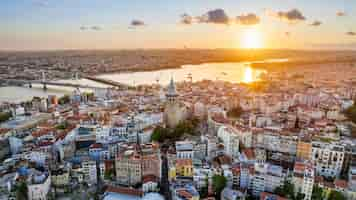 Free photo aerial drone view of istanbul at sunset turkey